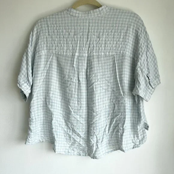Frosty Blue Gingham Button Down Crop - Super Soft, Not See Through - Picture 7 of 7